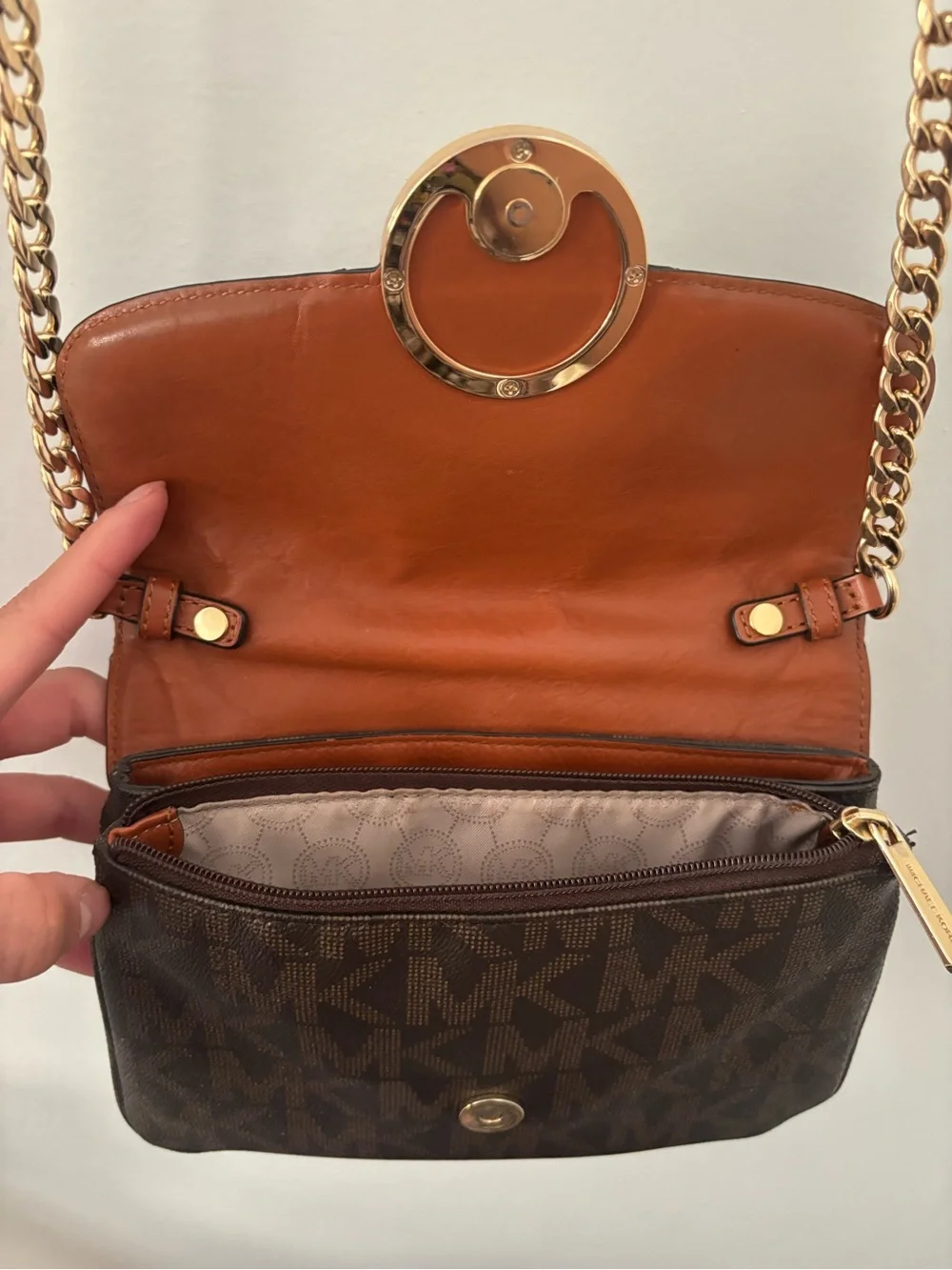 Michael Kors Brown Logo MK Medallion Crossbody with Gold Chain